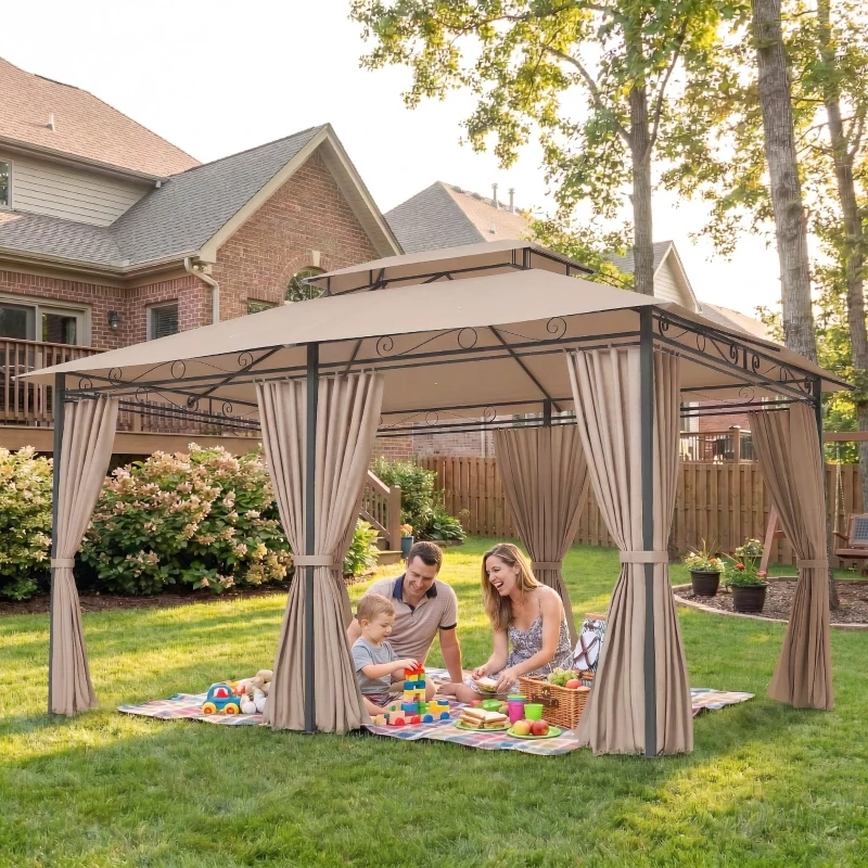 Outsunny Pérgola para Jardim 3x4 m Pérgola de Exterior com Telhado Duplo 6 Paredes Laterais Estrutura Metálica Cáqui