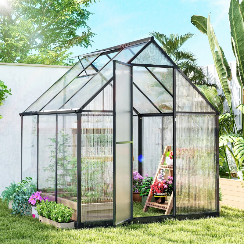 Outsunny Polycarbonate Greenhouse with Swing Door and Adjustable Window, Walk-in Greenhouse with Rain Gutter, 5.5 x 6ft, Black