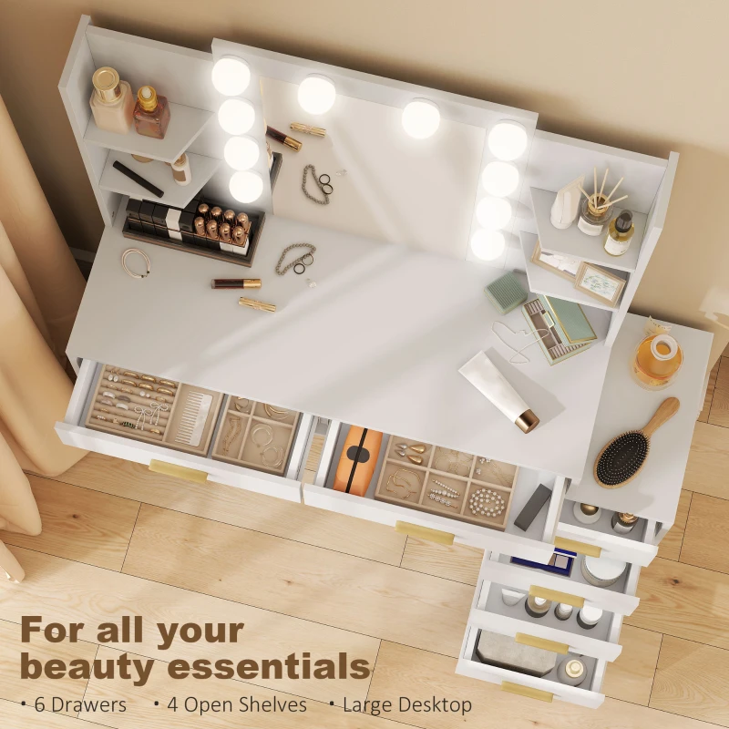 HOMCOM Toaletka z podświetlanym lustrem i wyściełanym taboretem, zestaw kosmetyczny z 6 szufladami i półkami, biała