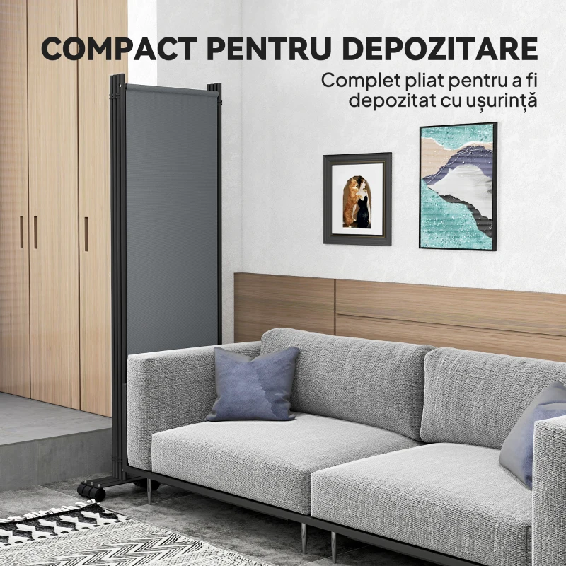 Outsunny Paravan de Exterior și Interior cu 4 Panouri Pliabil cu Roți, 224x30x172cm, Gri Închis