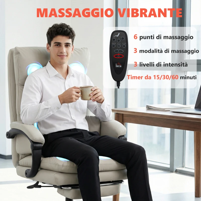HOMCOM Sedia da Ufficio Massaggiante e Riscaldata, Reclinabile 135° con Poggiapiedi in Pelle PU, Grigio Chiaro