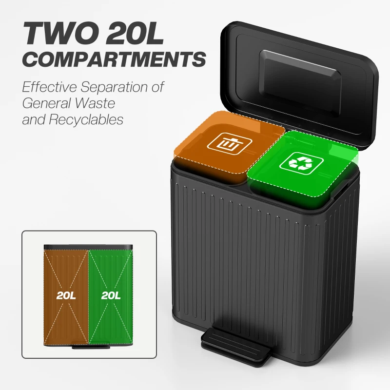 HOMCOM Kosz kuchenny, 2 x 20 L, efektywne sortowanie odpadów, pedałowy, tworzywo sztuczne, metal, czarny
