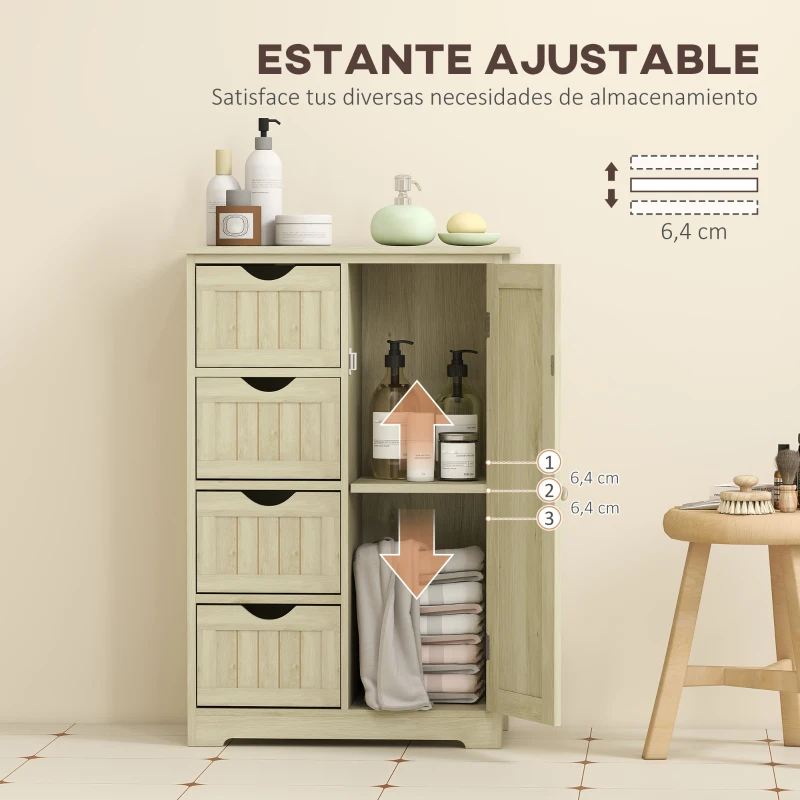 kleankin Armario de Baño Columna de Baño Estrecha con 4 Cajones y Estante Ajustable Estilo Moderno 56x30x83 cm Madera Natural