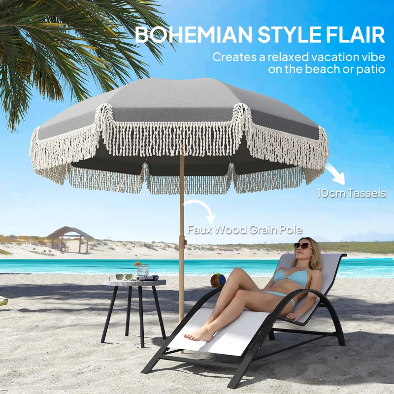 Outsunny 1.7 m Beach Umbrella with Sand Anchor, 30° Tilting Fringed Beach Garden Parasol with Adjustable Height, Grey