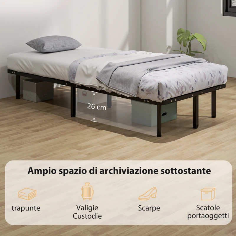 HOMCOM Struttura Letto Industriale a 28 Doghe con Spazio Contenitore, in Legno e Acciaio, 190x90x31 cm, Nero e Legno
