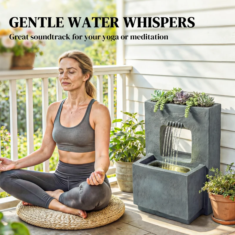 Outsunny Fontanna ogrodowa, 2-poziomowa z oświetleniem LED, donicą, designem kamienia, regulowana, 45 x 31,5 x 58,5 cm