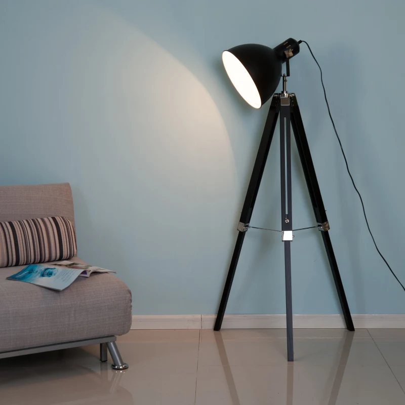 HOMCOM Lampadaire trépied style industriel hauteur réglable abat-jour ajustable E27 40W max. 65 x 65 x 108-152 cm bois métal noir et blanc