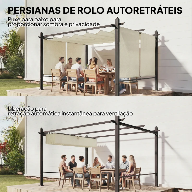 Outsunny Pérgola de Jardim 4x3 m com Cortinas Automáticas e Telhado Retrátil Proteção UPF50+ Creme