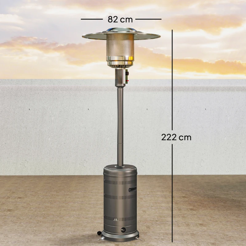 Outsunny Tragbarer Butan-Gasheizer 13 kW mit Kippschutz, piezoelektrischer Zündung und Rollen 82x82x222 cm Grau