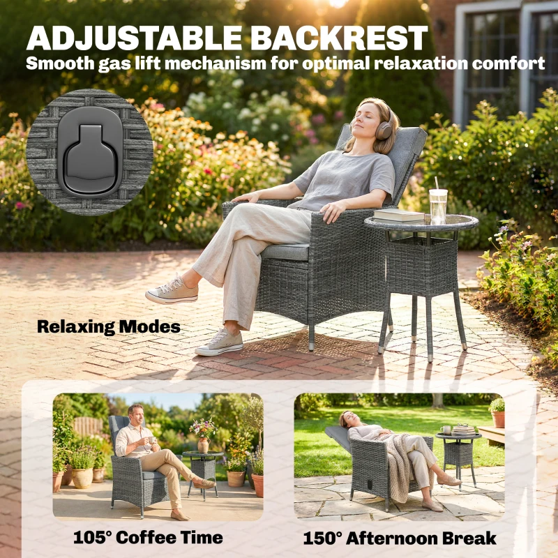 Outsunny Rattan Bistro Set, Reclining Garden Chairs and Glass Coffee Table with Cushions for Patio Balcony Porch, Grey