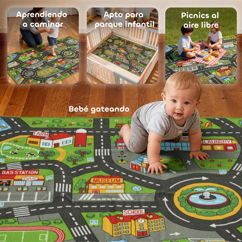 AIYAPLAY Alfombra Infantil Carretera de Ciudad 160x100 cm Alfombra Educativa Antideslizante para Gateo y Jugar con Coches