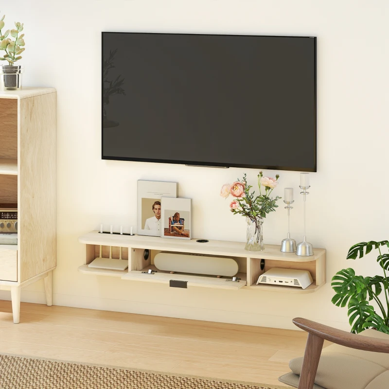 HOMCOM Wandhängendes TV-Möbel mit Klappschublade 2 offene Regale Kabelmanagement 120x24x16 cm Naturholz