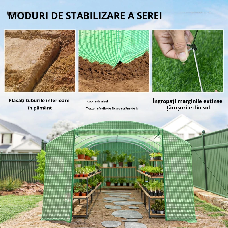 Outsunny Seră tip tunel 6x3x2 m cu 3 uși derulante 6 ferestre cu plasă și structură din oțel galvanizat Verde