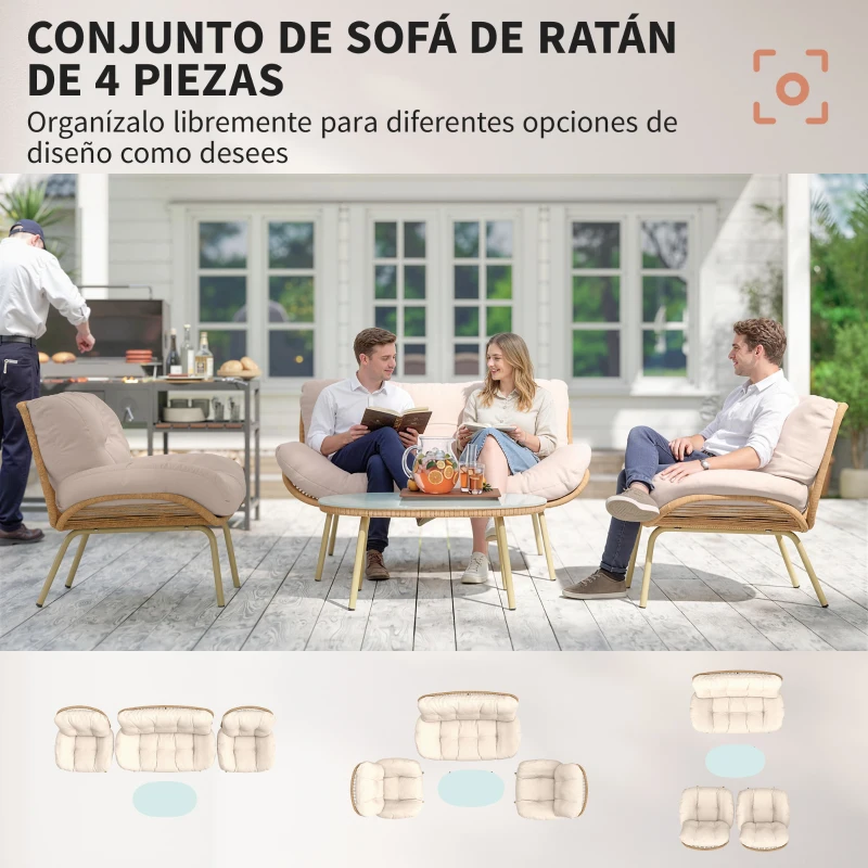 Outsunny Conjunto de Muebles de Jardín de Rattán de 4 Piezas con Cojines Sofá 2 Sillones y Mesa de Centro Beige