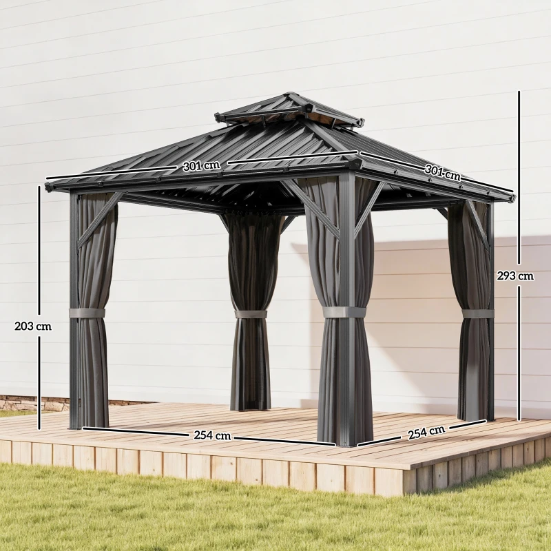 Outsunny Pavillon 3 x 3 m mit Hartdach, Aluminiumrahmen und zweiteiligem Dach aus feuerverzinktem Stahl, Dunkelgrau