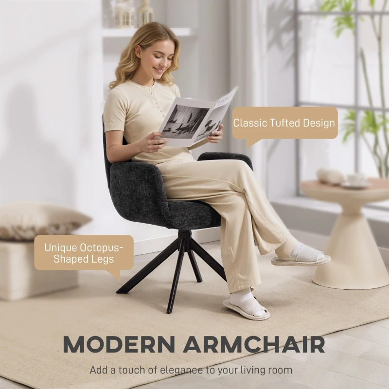 HOMCOM Fotel Tapicerowany, Akcentowy, Nowoczesny Design, Obrotowy, do 120 kg, Czarny