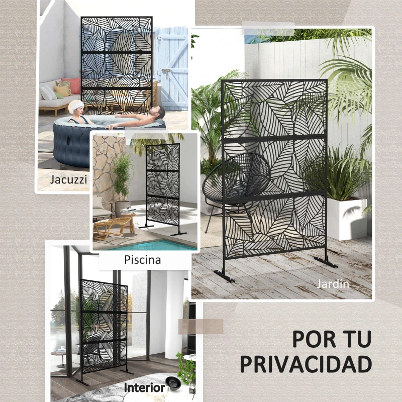 Outsunny Biombo de 3 Paneles 122x198 cm Biombo Separador de Ambientes con Soporte Diseño de Hojas Grandes Negro
