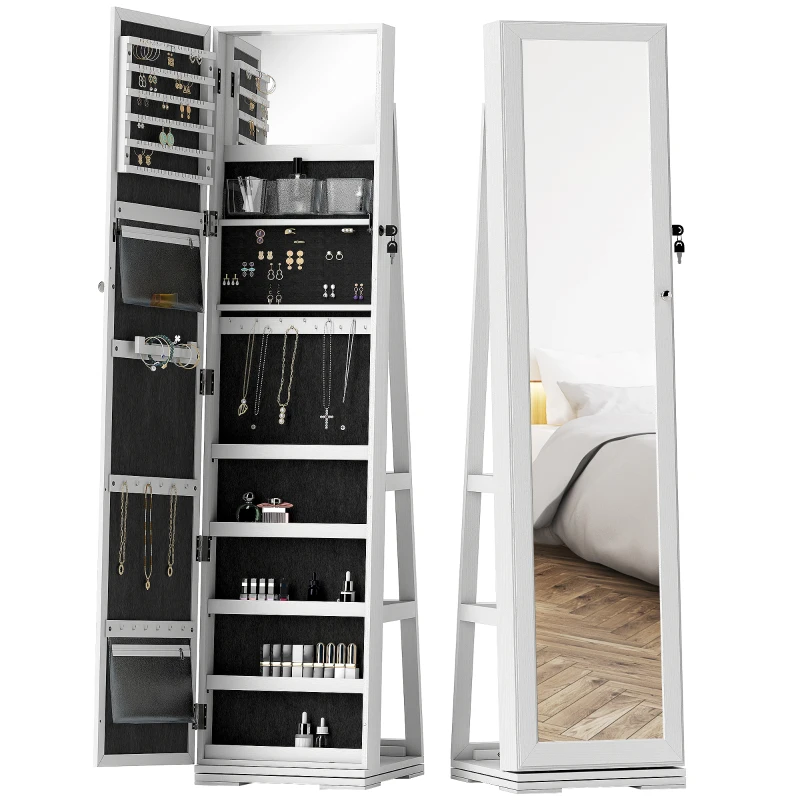 HOMCOM Armoire à Bijoux pivotante verrouillable boîte à bijoux avec Miroir - Armoire Bijoux Multi-Rangement - en Bois Blanc