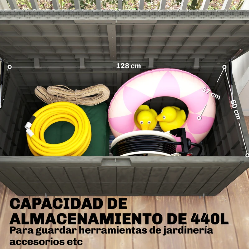 Outsunny Arcón Exterior Capacidad 440L de Resina Resistente al Agua y a los Rayos UV con Tapa Bloqueable Barras de Gas Café