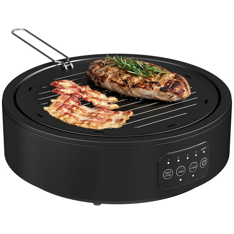 HOMCOM Electric Ceramic Hob with Grill Plate, Multifunctional 36cm Plug in Electric Hob with 4 Heat Levels for All Type Pot