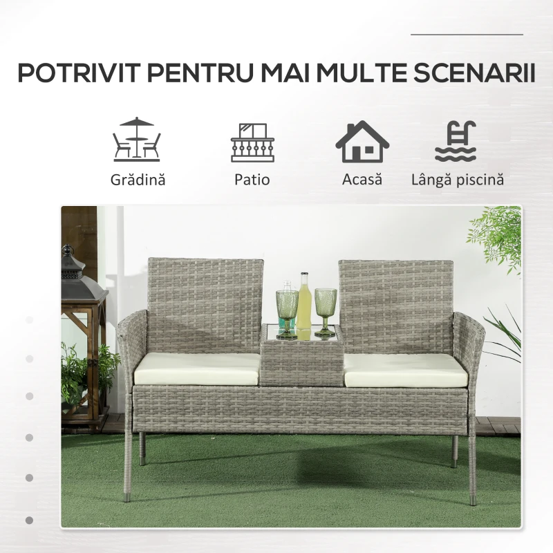 Outsunny Bancă din ratan pentru 2 persoane pentru grădină, scaun împletit pentru curte cu masă de ceai din sticlă