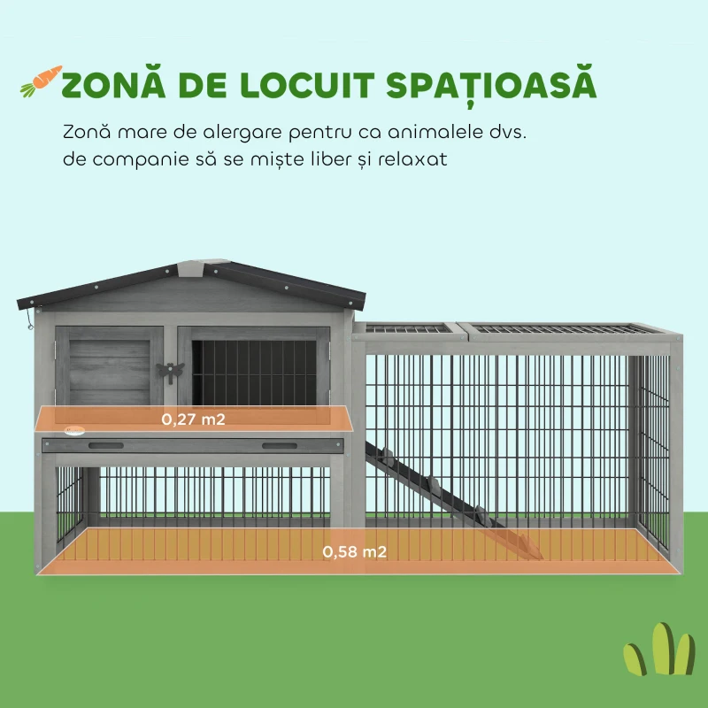 PawHut Cușcă pentru Iepuri de Exterior cu Rampă, Acoperiș Rabatabil și Tăviță, Cușcă din Lemn de Brad, 150x52x68 cm, Gri Deschis