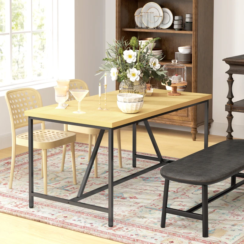 HOMCOM Table à manger pour 6 personne, meuble polyvalent, plateau aspect bois et pieds en acier noir avec patins réglables