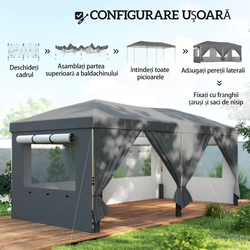 Outsunny Foișor Pliabil 3x6m Pop-Up cu 6 Pereți Laterali, Foișor de Grădină Reglabil pe Înălțime cu Saci de Nisip, Geantă cu Roți, UV50+ pentru Exterior, Gri Închis