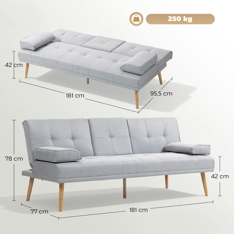 HOMCOM Schlafsofa, 3-Sitzer Sofa, Schlafcouch mit Klappbarem Tisch, Becherhalter, Bettsofa mit Leinenoptik, Couch Gästebet für Wohnzimmer, Hellgrau