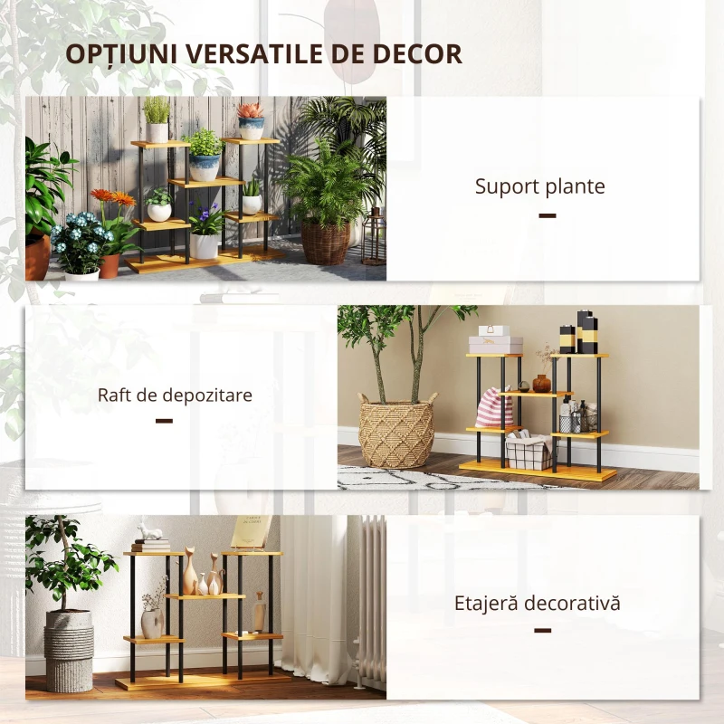 Outsunny Suport plante interior etajeră plantă cu 6 nivele cadru din oțel bază lemn masiv 80 x 24 x 61,5 cm lemn natural