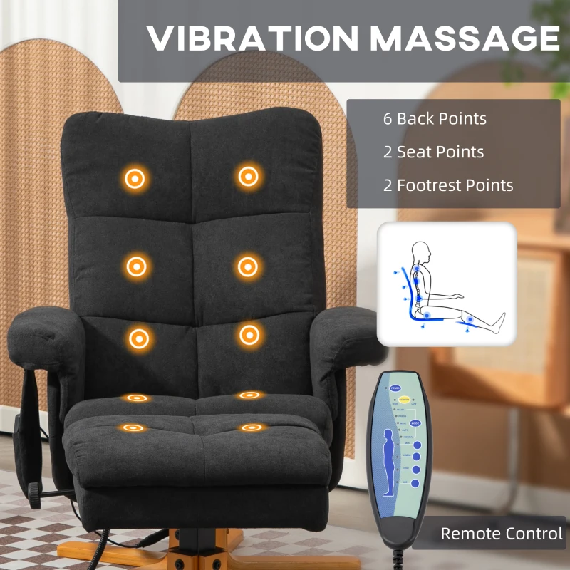 HOMCOM Fotel relaksacyjny z podnóżkiem, obrotowy 360° fotel telewizyjny z funkcją masażu, rozkładany fotel masujący z boczną kieszenią, fotel TV, poliester do salonu, matowa czerń