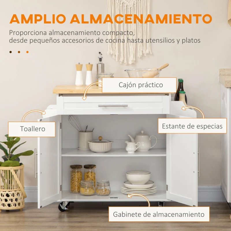 HOMCOM Isla de Cocina con Ruedas con Cajón 2 Puertas Especiero Barra para Paños y Estante Ajustable 109x40x89 cm Blanco