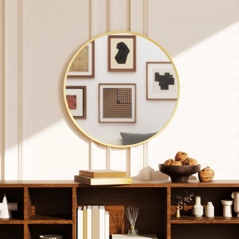 HOMCOM 61cm Decorative Wall Mirror for Bedroom Living Room, Modern Round Bathroom Mirror for Home Decor, Gold Tone