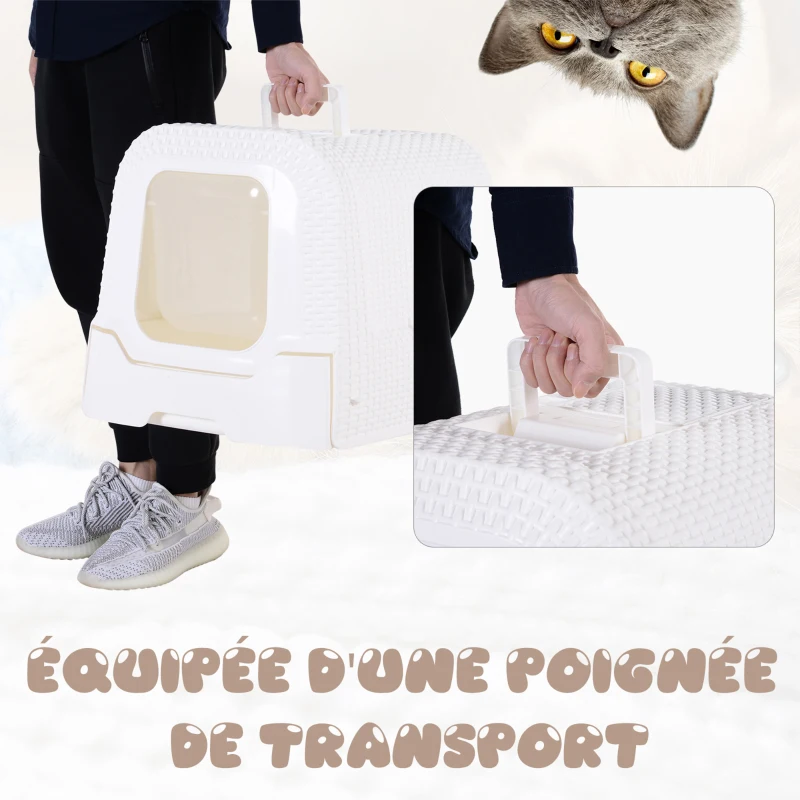 PawHut Maison de toilette pour chat tiroir à litière coulissant porte battante filtre odeur + pelle fournis 54L x 42l x 41H cm blanc