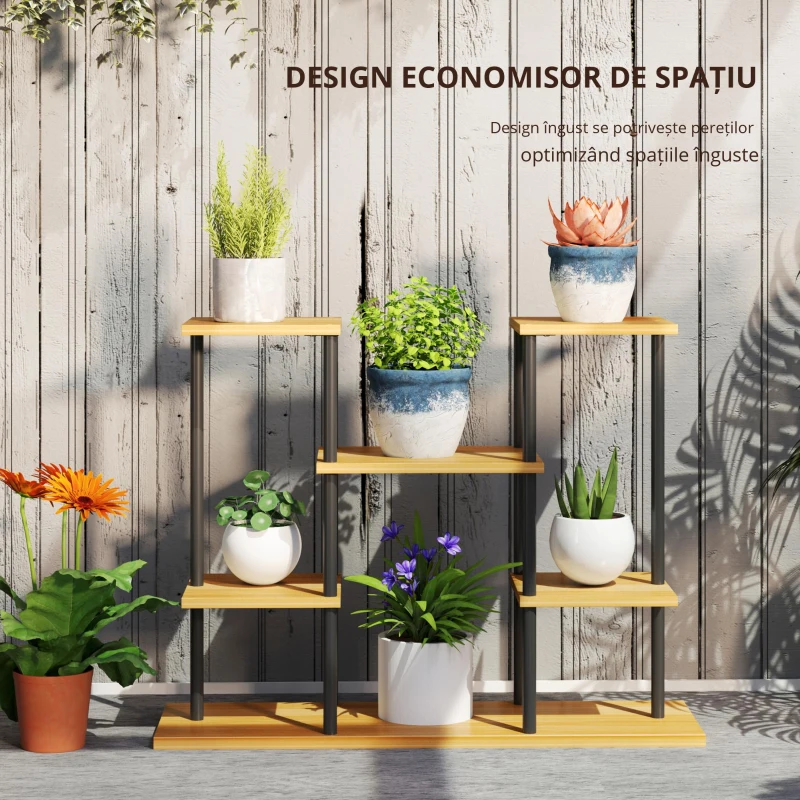 Outsunny Suport plante interior etajeră plantă cu 6 nivele cadru din oțel bază lemn masiv 80 x 24 x 61,5 cm lemn natural