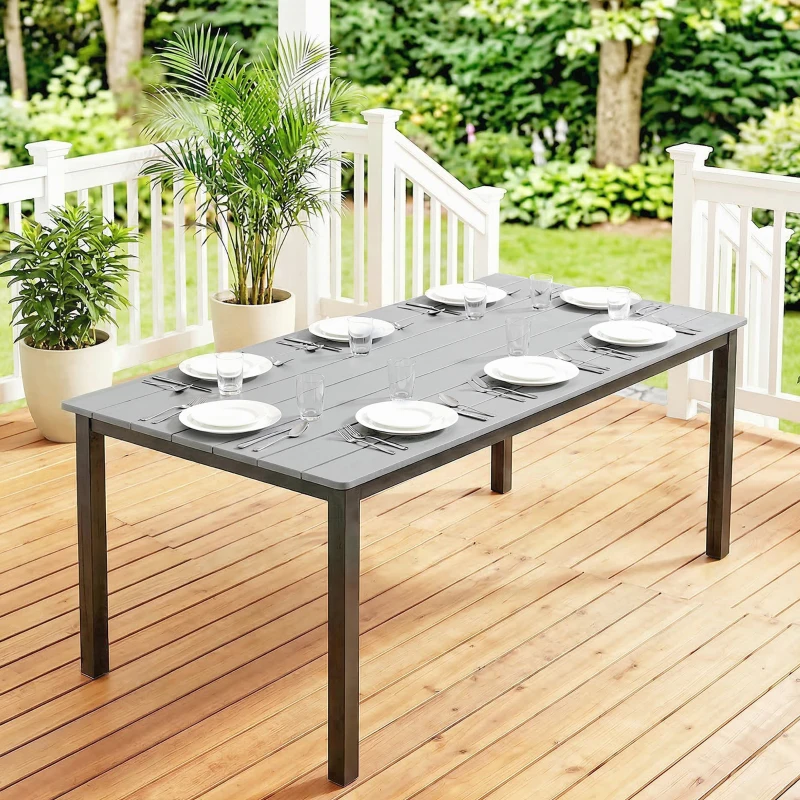 Outsunny Garden Dining Table for 6-8 Person, 180 x 86 cm Rectangular Outdoor Dining Table with Wood Slatted Top, Grey
