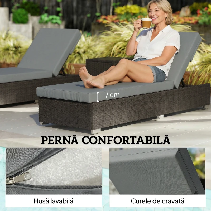 Outsunny Set 2 Șezlonguri de Grădină din Ratan cu Măsuță Laterală și Spătar Reglabil, 184x60x22 cm, Gri Închis