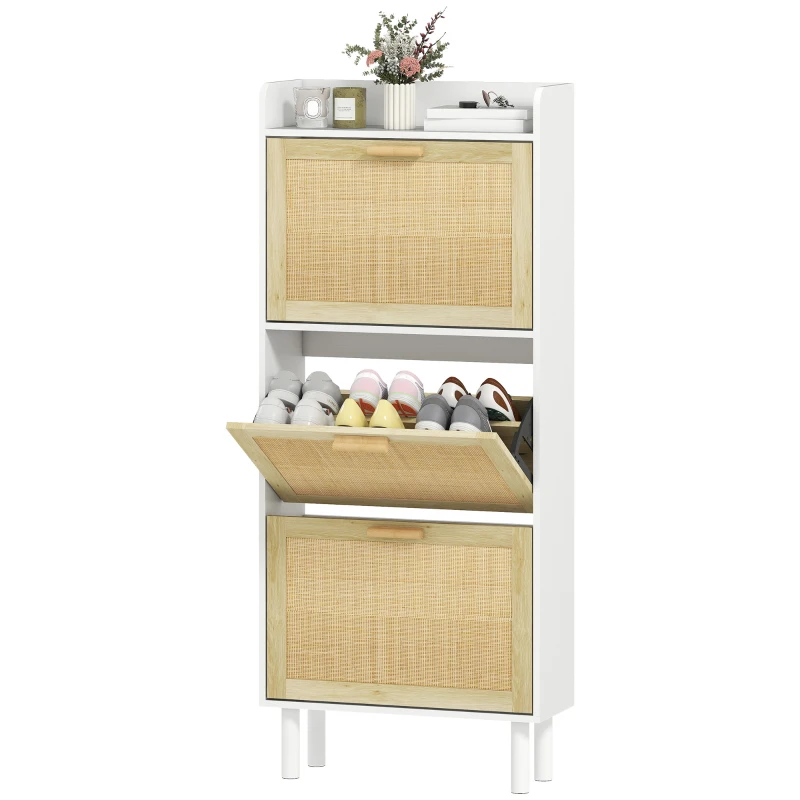 HOMCOM Schuhschrank 3 Klapptüren Regal geflochtene Harzoptik Boho-Design 65 x 24,5 x 153 cm weiß