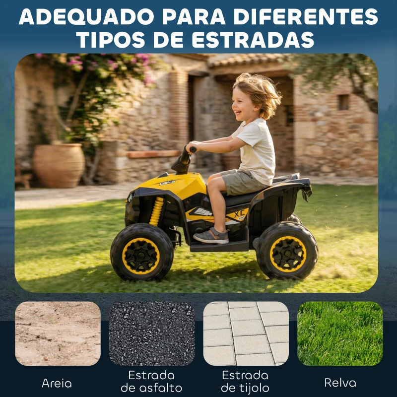HOMCOM Quadriciclo Elétrico para Crianças de 3-5 Anos Veículo Eléctrico a Bateria 12V com 2 Motores 83x53x55,5 cm Amarelo