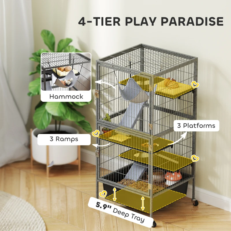 PawHut Klatka dla małych zwierząt 4-poziomowa z wysuwaną tacką, rampami, hamakiem, kółkami i platformami, 52x52x115 cm, szara