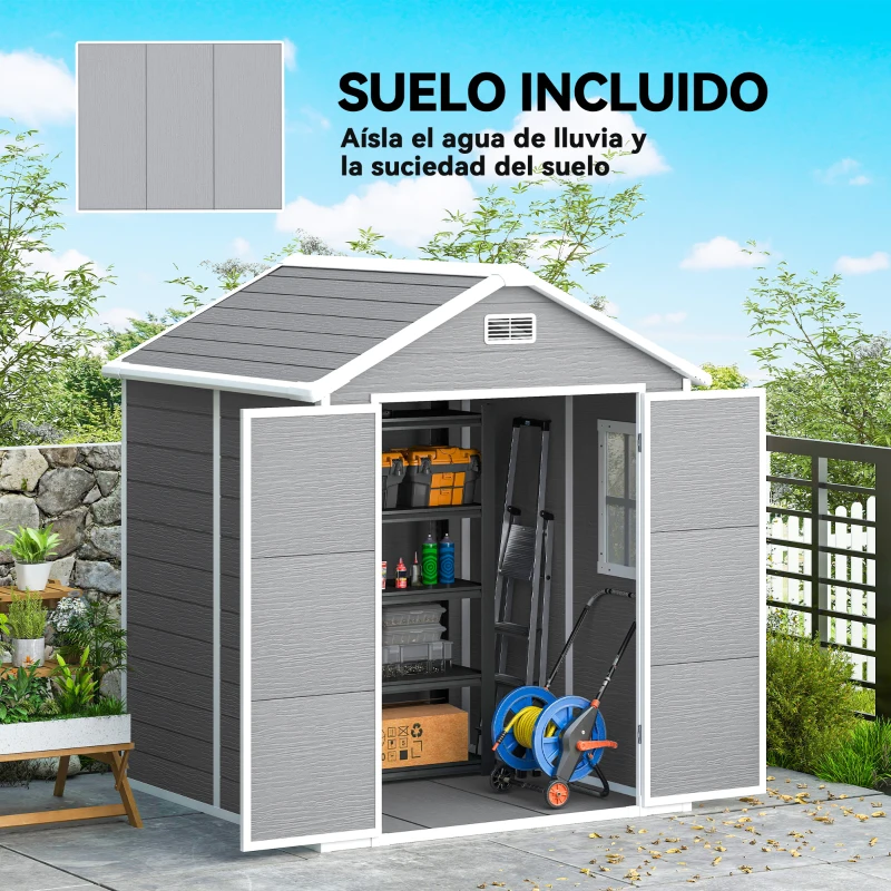 Outsunny Caseta de Jardín Exterior 182x151x219 cm con Suelo Puerta Cerrada y Techo Inclinado para Almacenar Herramientas Gris