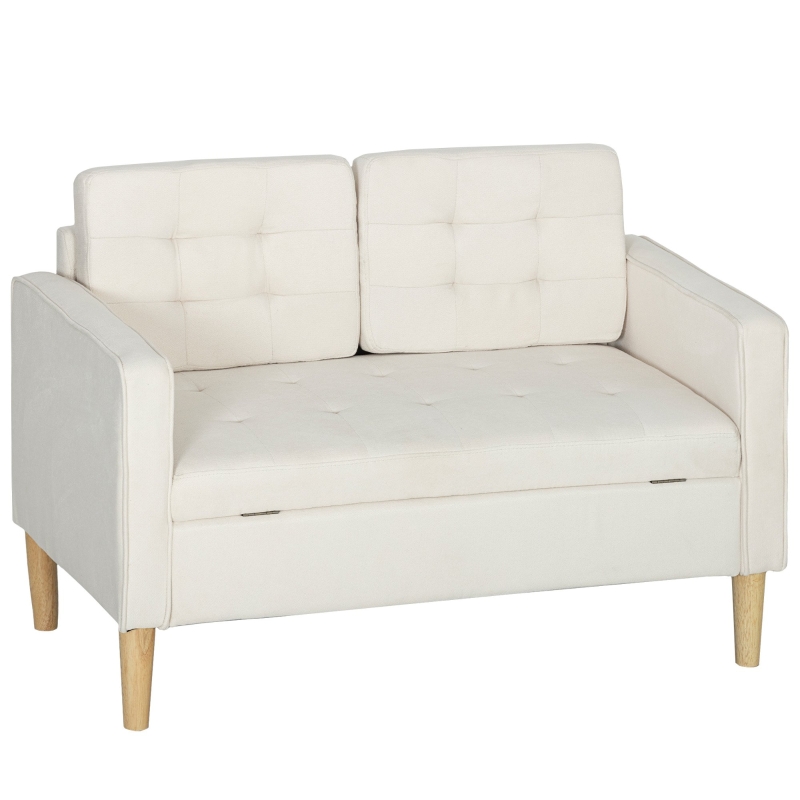 HOMCOM Canapé 2 places avec rangement, capitonnage à boutons, coussin, bois de caoutchouc, 117x62x78cm, Crème