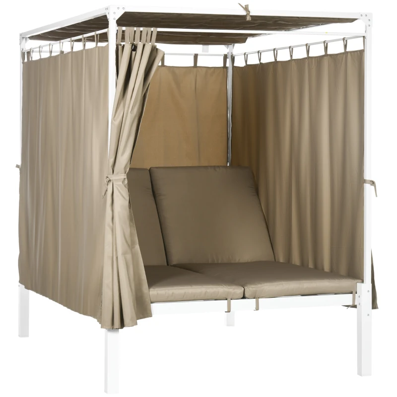 Outsunny Lit de jardin bain de soleil transat inclinable avec auvent rétractable, 2 places - 4 rideaux et matelas