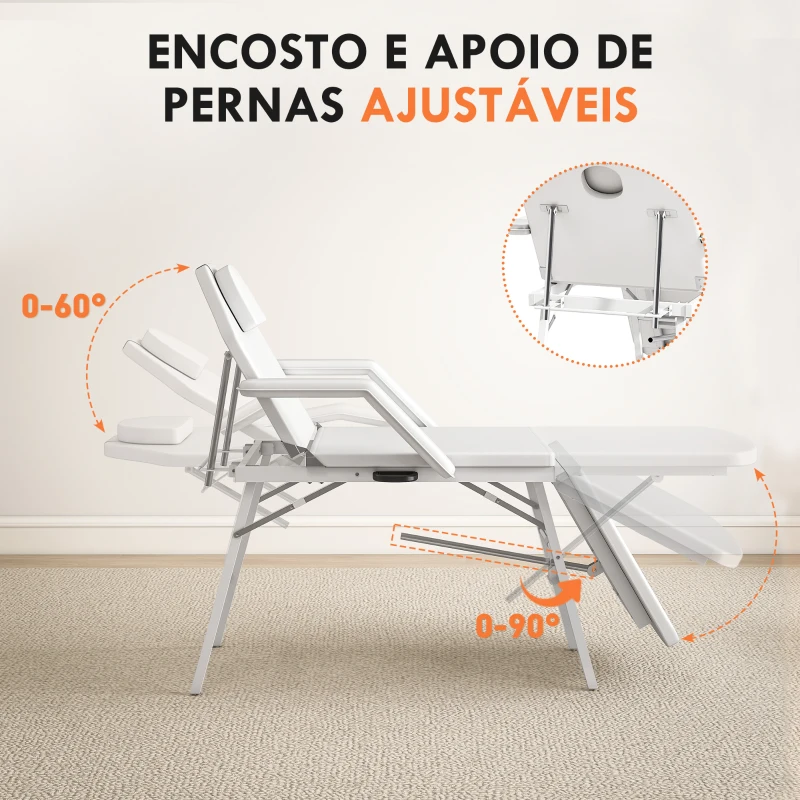 HOMCOM Marquesa de Massagem Dobrável Portátil de 3 Secções com Encosto Ajustável Apoio de Cabeça e Braços 182x82x68 cm Branco