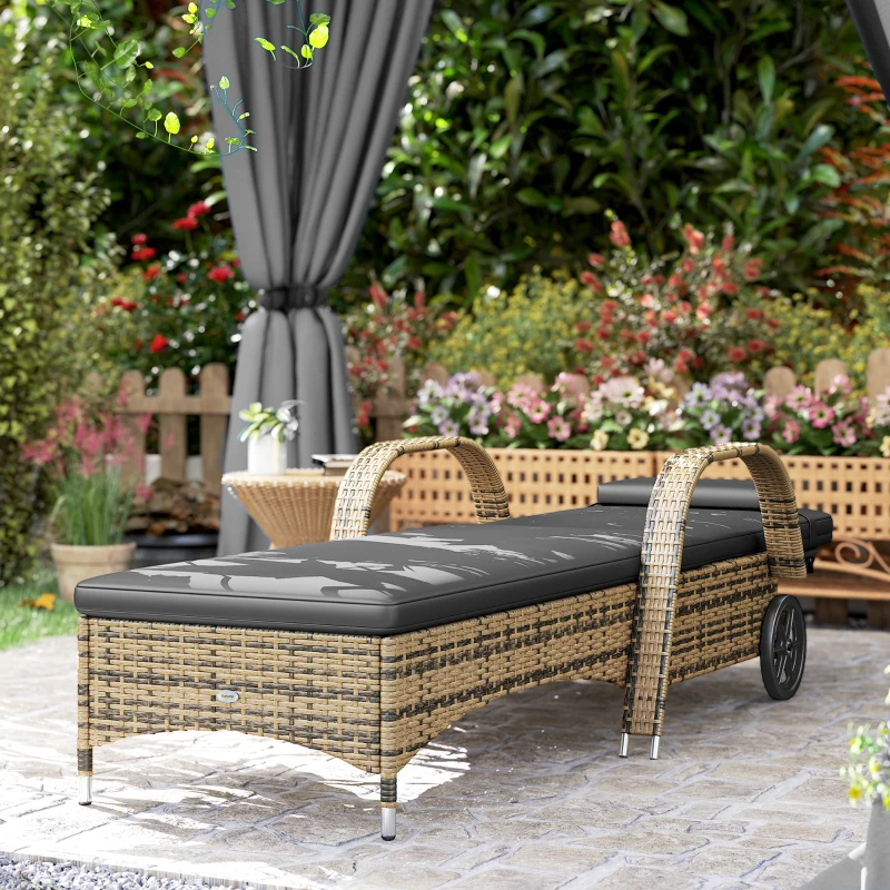 Outsunny Șezlong de soare cu saltea spătar reglabil multipoziții cotiere roți 200 x 73 x 30-103 cm galben