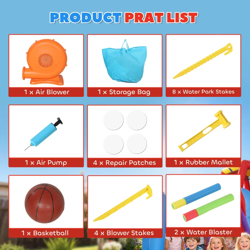 AIYAPLAY Dmuchana zjeżdżalnia z dmuchawą, centrum zabaw z trampoliną, basenem/kulkowym placem zabaw, pistoletem na wodę, 364x173x182 cm, niebieska