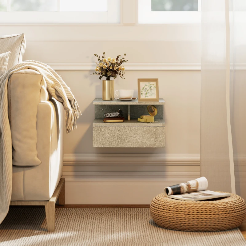 HOMCOM Lot de 2 tables de chevet murales, tables de nuit suspendues avec tiroir, compartiment ouvert, 35x32x22,5cm, gris giment