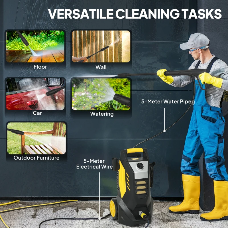 Outsunny Myjka Ciśnieniowa z Aluminiową Pompą 135 bar, 1800 W, 540 L/h, 5 m Wąż, Regulowana Dysza i Uchwyt