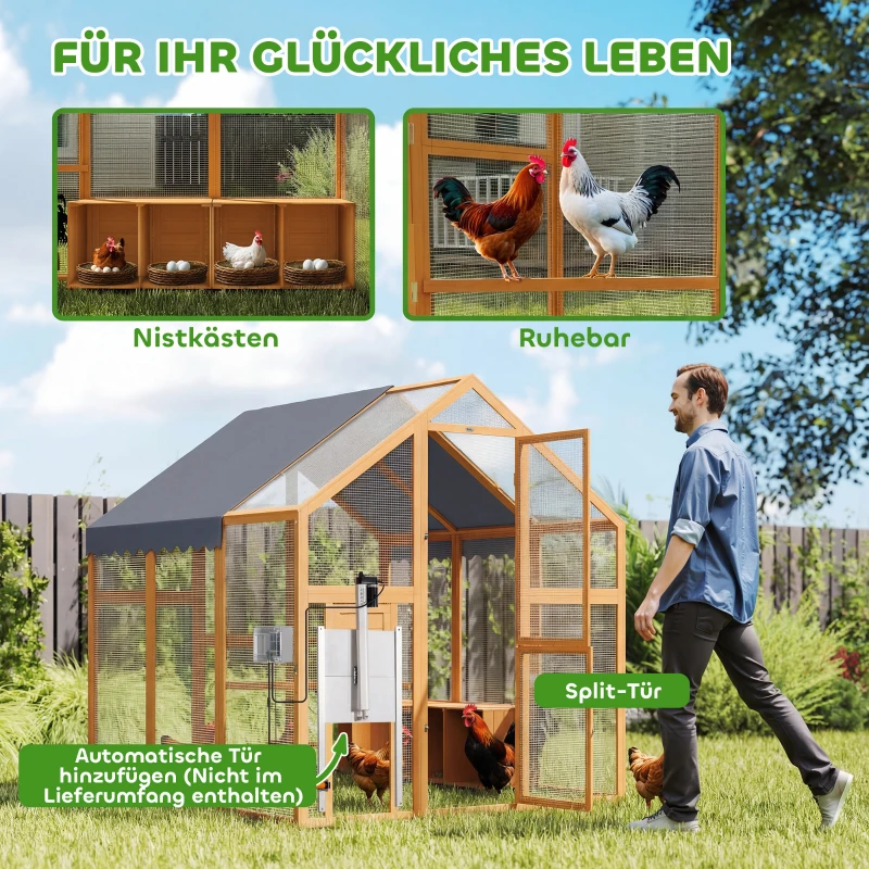 PawHut Hühnerstall 3,07㎡ Freilaufgehege Holz mit wasserdichtem Tuch, Sicherheitsschloss, für 6-8 Hühner 1,7 x 1,8 x 1,8 m