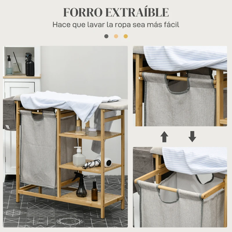 HOMCOM Cesto de Ropa Sucia 57,4L con Tabla de Planchar Soporte para Plancha 3 Estantes y Bolsa Extraíble 113x34x82 cm Natural